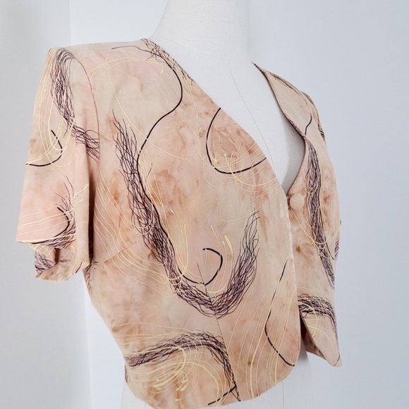 Tan Cropped Cardigan Shoulder Pads Single Button Closure Bolero Shawl Crop - Picture 6 of 10